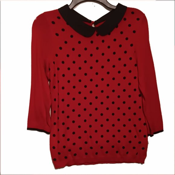 Elle Tops - Elle Long Sleeve Blouse Red with Black Polka Dots Size Small